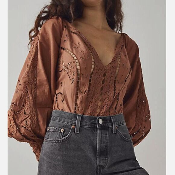 NEW Free People Intimately Brown Regina Boho Long Sleeve Bodysuit,‎ S - Picture 1 of 16